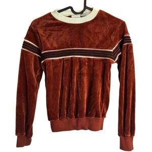 Vintage Y2k Velour Sweater Kids M 12/14 Brown Disco Striped Long Sleeve Pullover